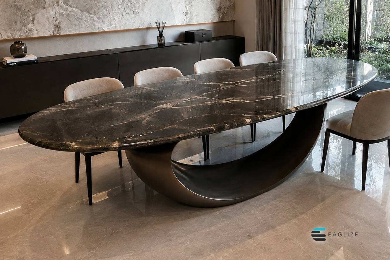 Dining table with a single natural marble top on a sculptural base