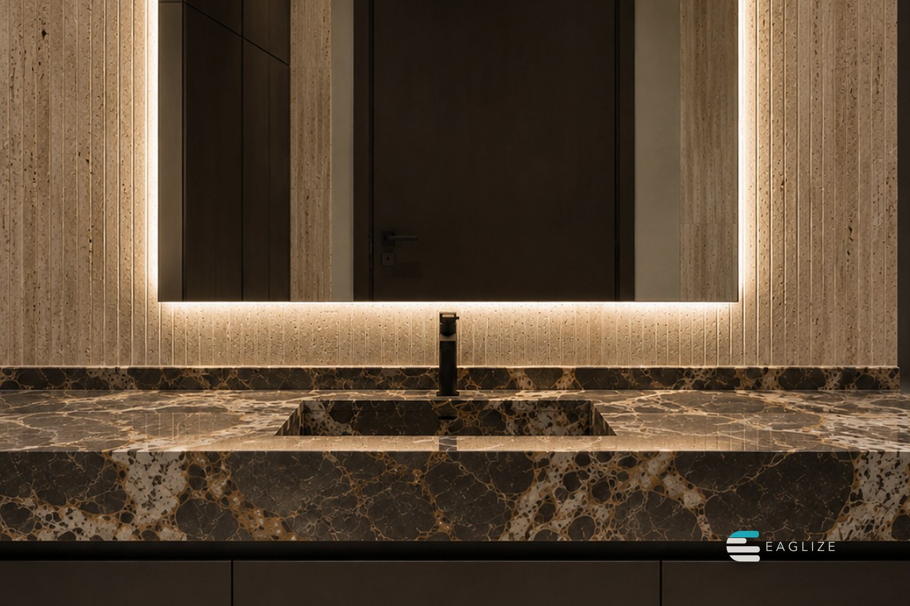 Vanity with a real marble countertop and travertine cladding around a mirror lit from behind