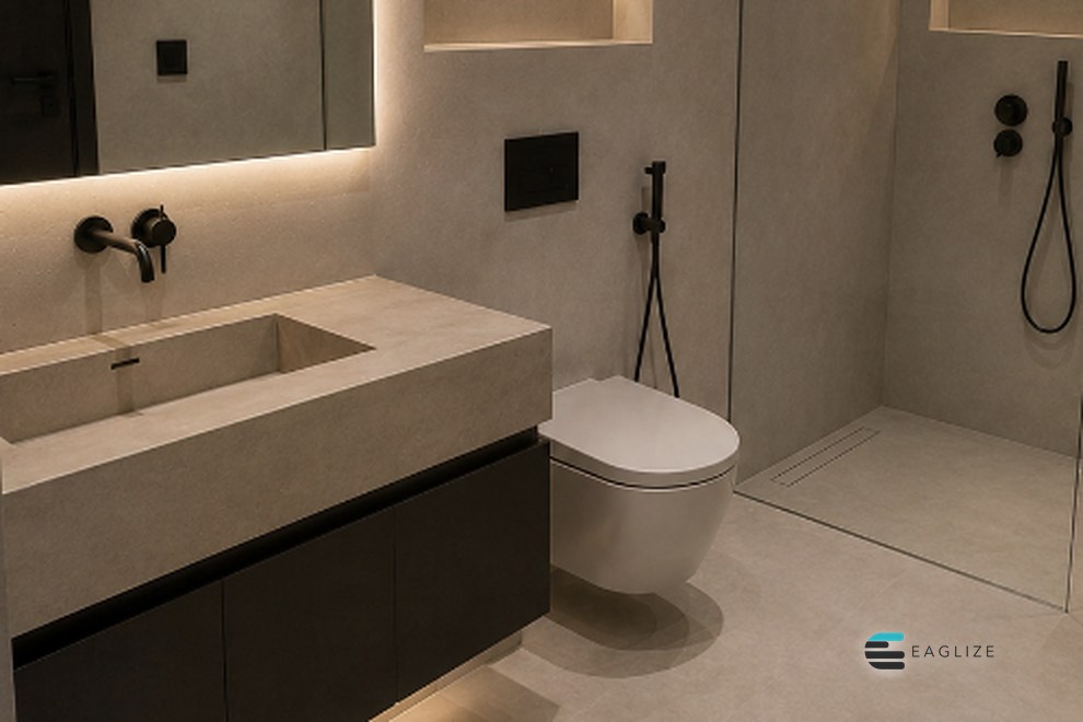 Bathroom finished in seamless microcement with warm lighting and matte black fittings