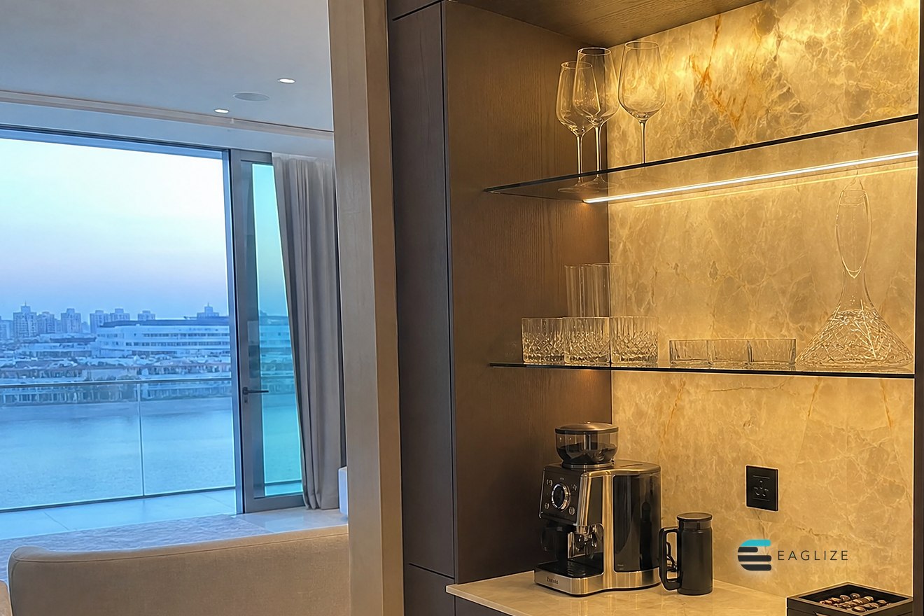 Pantry and coffee bar with a backlit stone niche, glass shelves and timber fronts