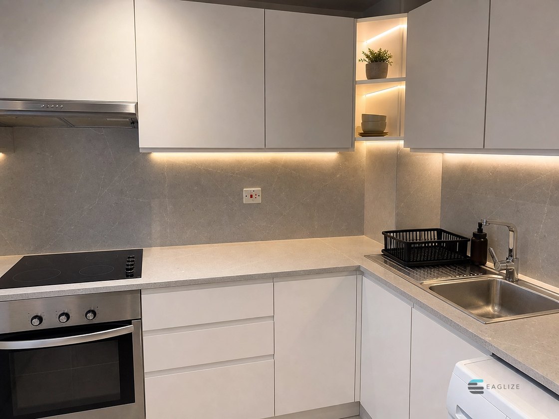 Apartment kitchen after renovation by EAGLIZE