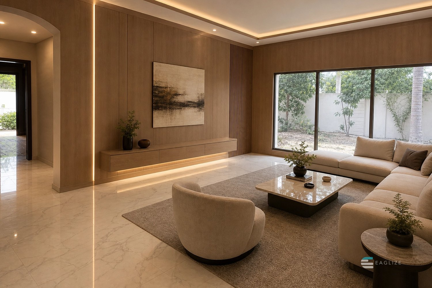 Villa living room after renovation by EAGLIZE