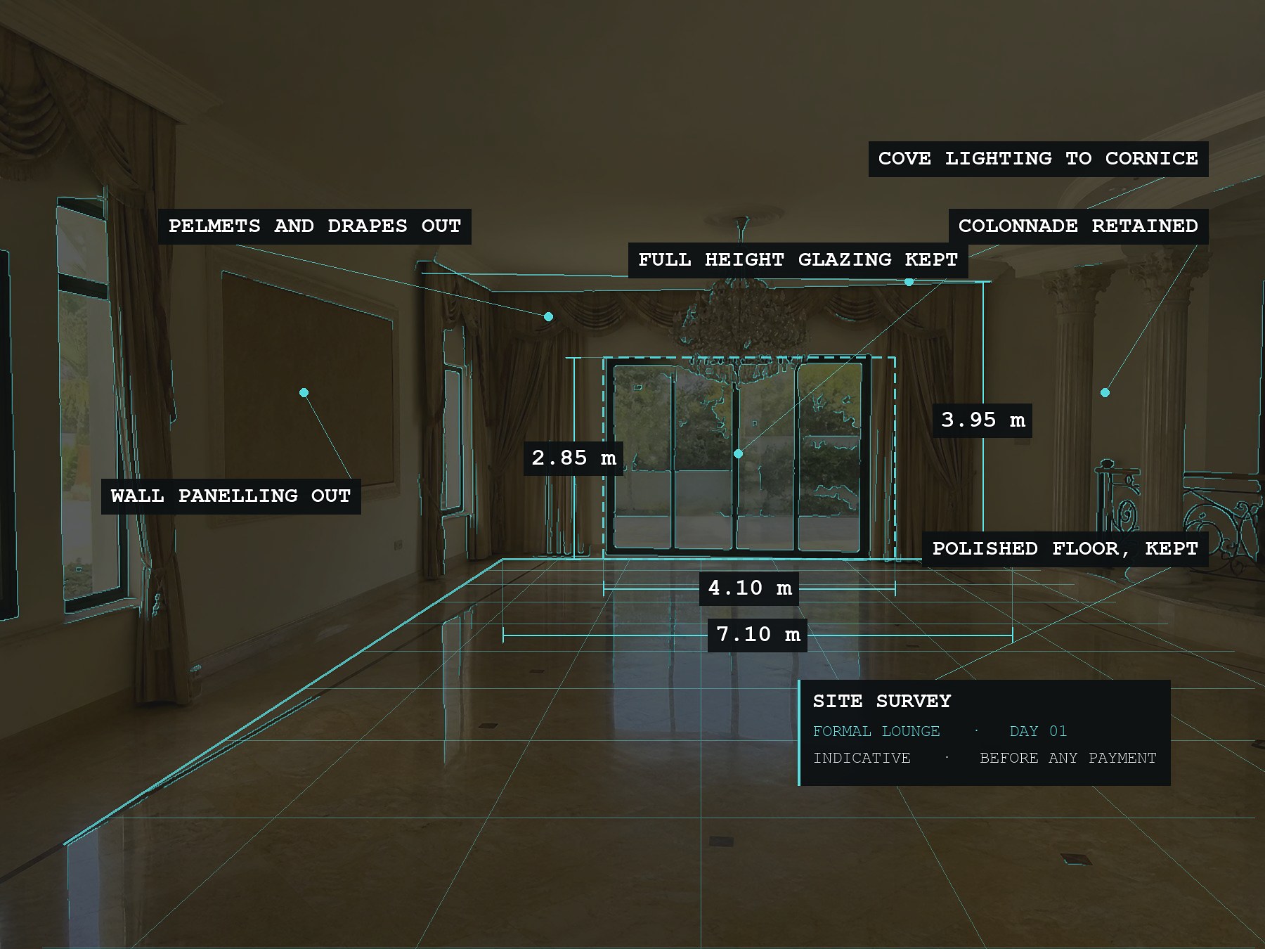 The same room with the site survey laid over it: the measured floor grid, the opening dimensions and what stays or goes